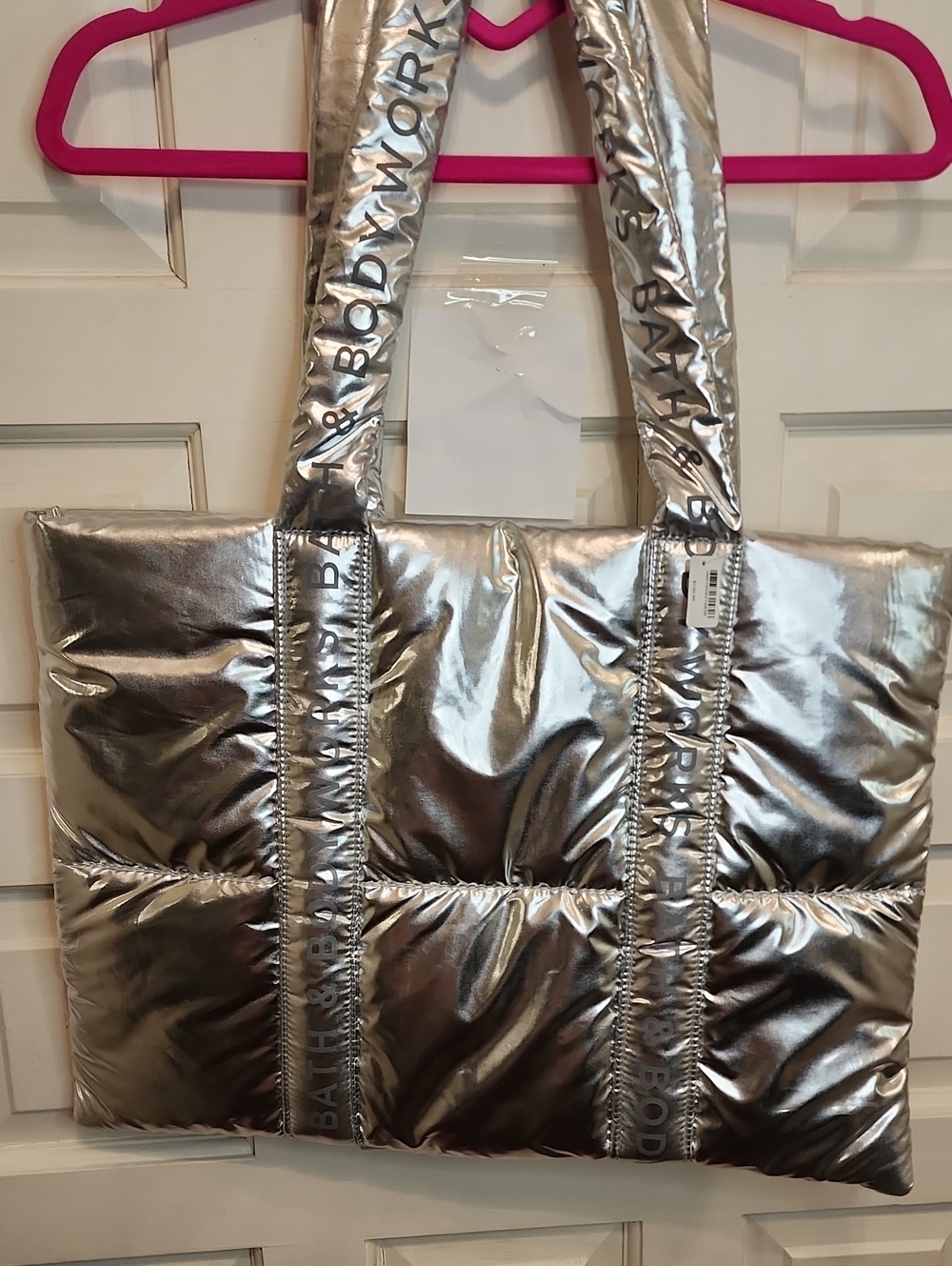Large Silver BIG Metallic Quilted Tote Bag Bath & Body Works New w/ Price Tags.